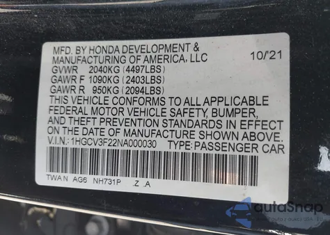 2022 Honda Accord Hybrid Sport from USA, damaged, VIN 1HGCV3F22NA000030